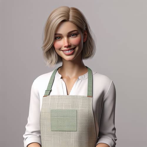 Blonde European Salesperson in Green Apron Smiling