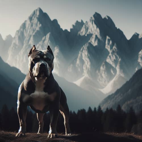 American Bully Dog Standing Tall with Majestic Mountain Range