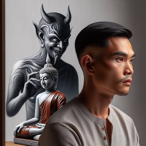 Vietnamese Man Contemplating Life with Buddha and Shadow Figure