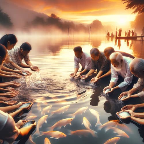 Peaceful Prayer Scene: Releasing Fish in Serene Water