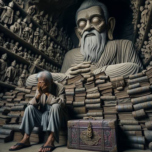 Elderly Blind Man Amidst Buddhist Scriptures