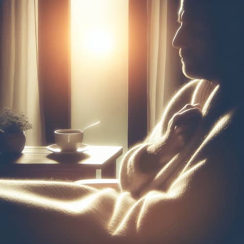 Hopeful Scenes: Peaceful Person in Dimmed Room with Herbal Tea