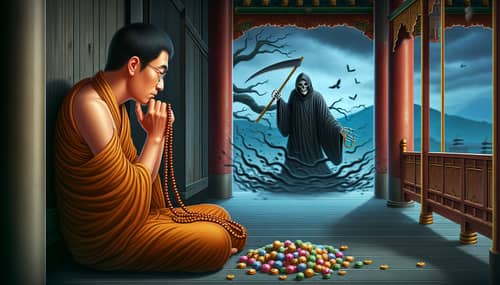 Buddhist Disciple & Grim Reaper: Illusion of Status & Wealth