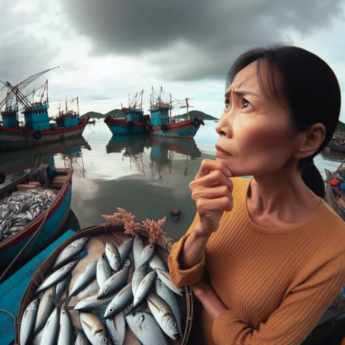 Vietnamese Middle-Aged Woman Contemplating Buying Fish