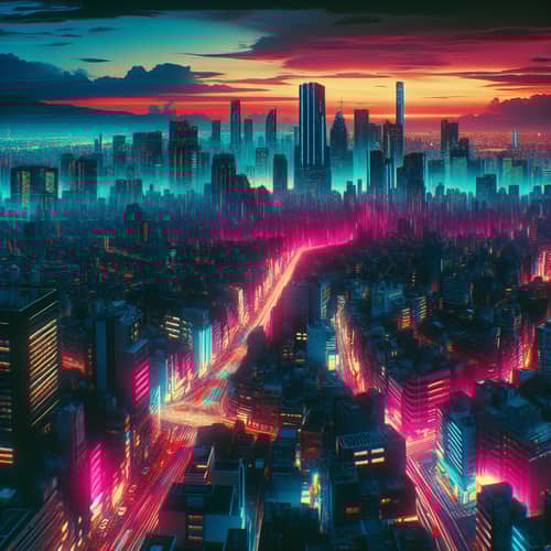 Neon Cityscape Panorama at Dusk: Cyberpunk Urban Life View