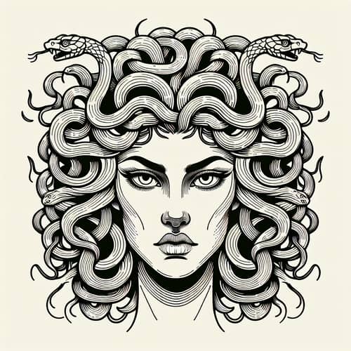 Gorgon Illustration in Line Art Style - Mythological Design
