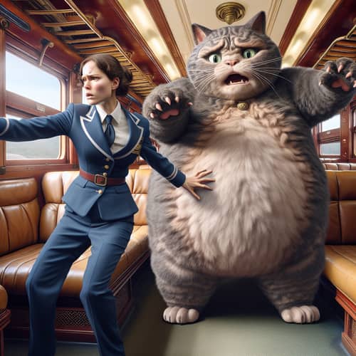 Female Conductor Removing Overweight Anthropomorphic Cat from Train Carriage