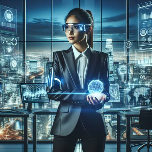 Future-Inspired South Asian Female Entrepreneur in High-Tech Office