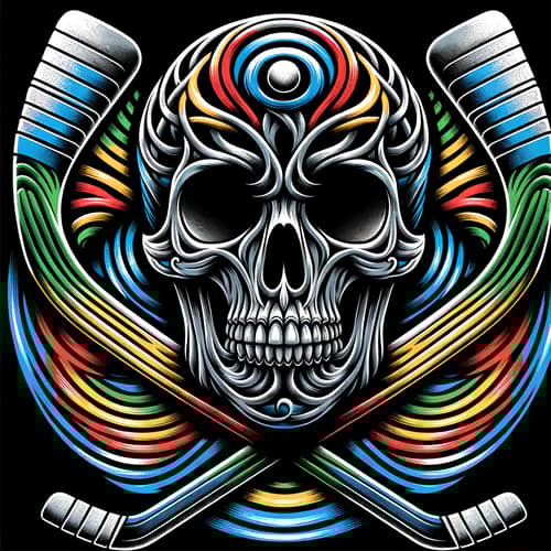Psychedelic Steel Skull with Ice Hockey Sticks - Sports-Inspired Art