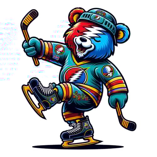 Colorful Grateful Dead Bear in Ice Hockey Pose