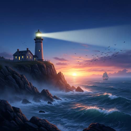 Twilight Lighthouse on Rugged Cliff: A Beacon of Solitude