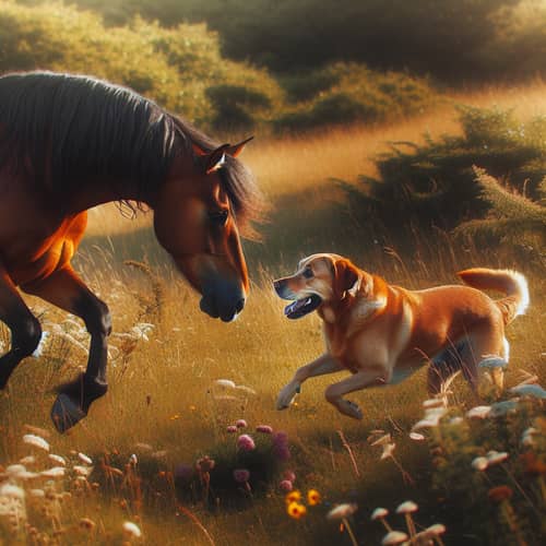 Playful Labrador Dog and Horse Enjoying Sunny Day in Grassy Meadow