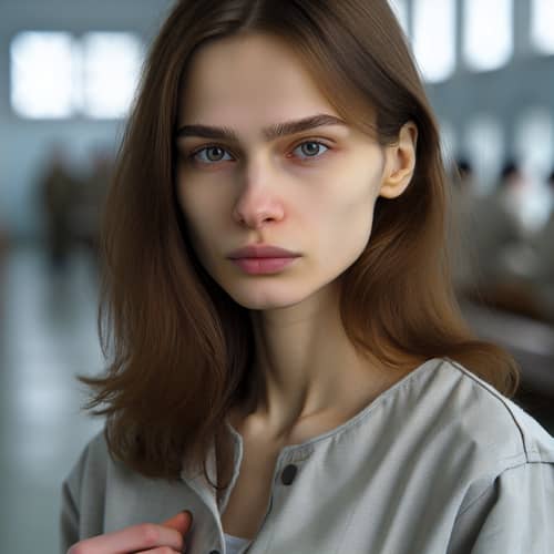 Russian Woman in Prison Setting: Slavic Features, Resilient Eyes