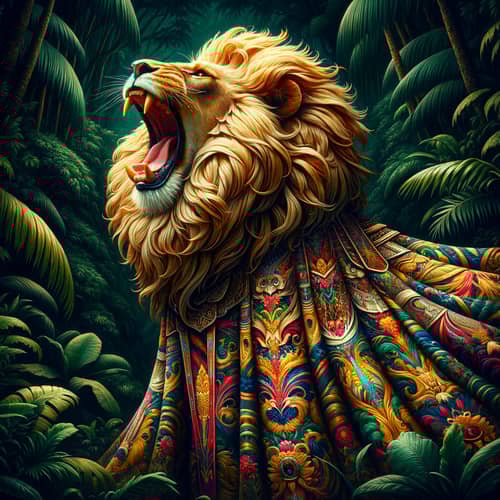 Majestic Lion Roaring in Colorful Jungle Dress