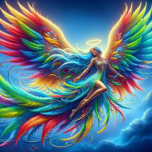 Colorful Angel Gladis Soaring in Radiant Blue Sky