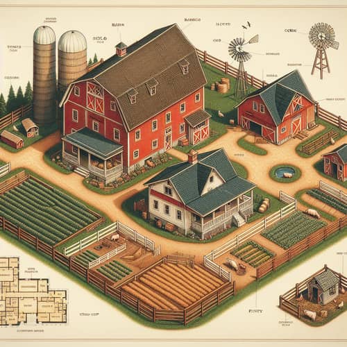 Detailed Farm Floor Plan: Red Barn, Farmhouse, Chicken Coop