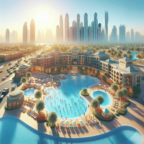 Sunny Panorama of Dubai with Residential Complex and Thermal Baths