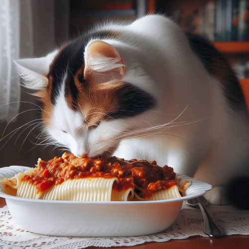White and Brown Cat Eating Lasagna - Cute Feline Photos