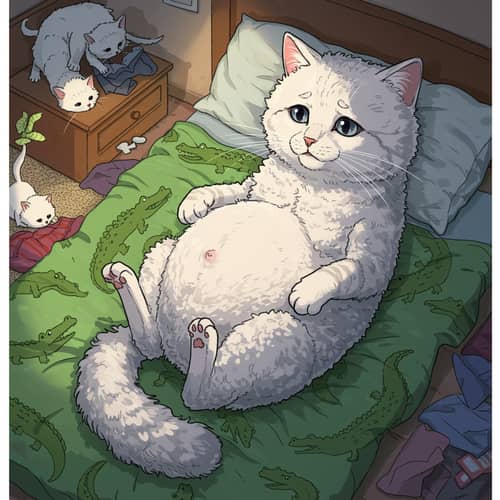 Sad Pregnant Cat in Anime Style - Emotional Artwork
