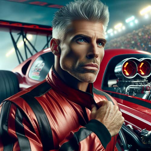 Middle-Aged Caucasian Man as Drag Racer on Buzzy Racetrack