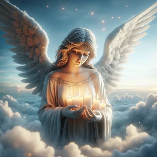 Serene Angel Soaring with Lit Candles in the Blue Sky