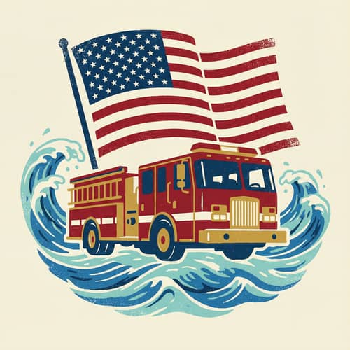 Fire Engine Illustration Under American Flag
