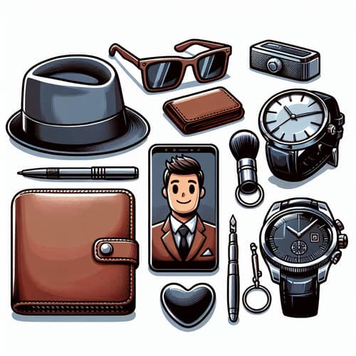 Male-Centric Cartoon-Style Still Life with Wallet, Smartphone, Timepiece & Purse