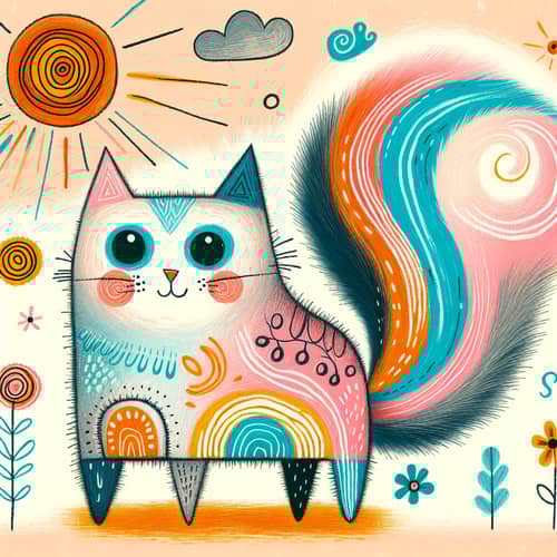 Whimsical Child's Artwork of a Charming Cat - Imaginative and Colorful