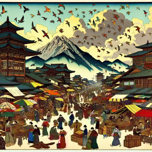 Vibrant Japanese Woodblock-Inspired Market Scene