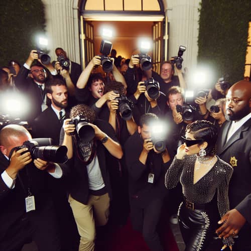 Enthusiastic Photographers Capture Lively Hispanic Musician Exiting Lavish Event