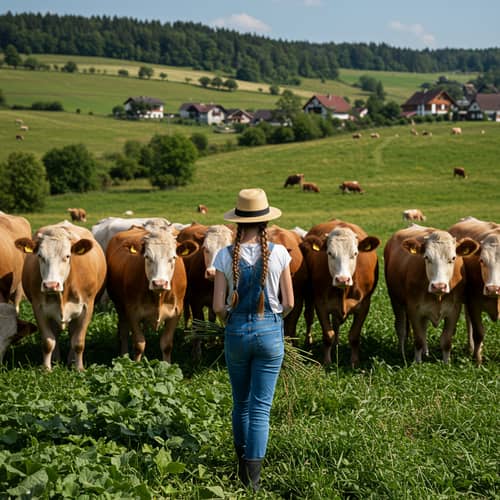 Village Girl Working on Farm with Grazing Cattle Village Girl Working on Farm with Grazing Cattle