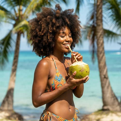 Confident Black Woman Enjoying a Tropical Coconut Drink Confident Black Woman Enjoying a Tropical Coconut Drink