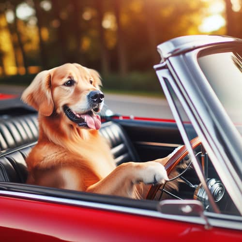 Golden Retriever Driving Classic Red Convertible - Fun Dog Adventure