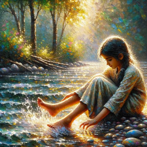 Tranquil Scene: Young Girl by River Amid Birds and Trees