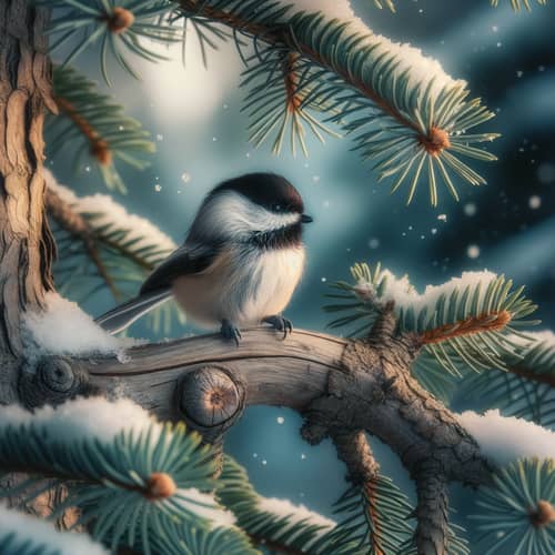 Chickadee Perched on Pine Branch - Winter Nature Scene