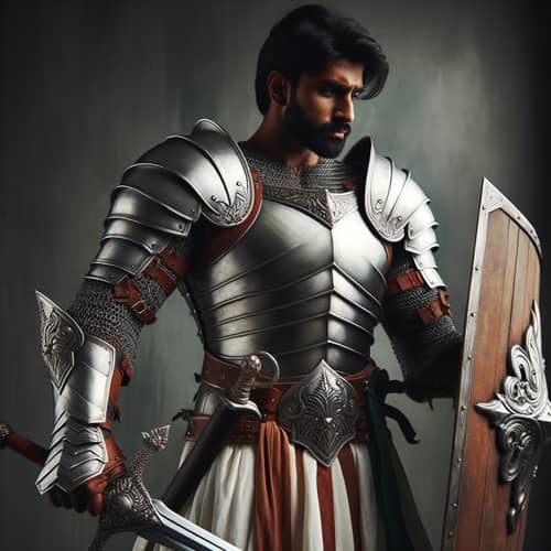 Strong South Asian Man in White Armor with Sword and Shield