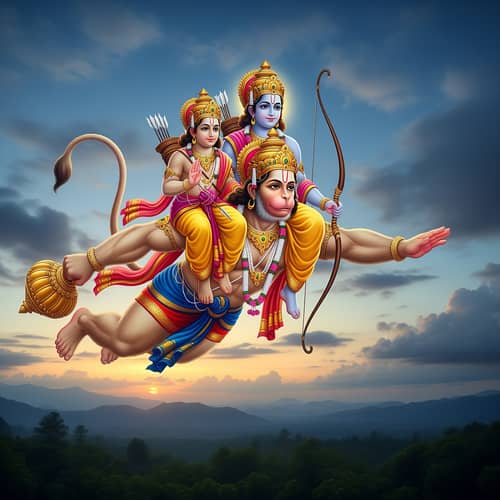Hanuman Ji Flying with Ram and Lakshman