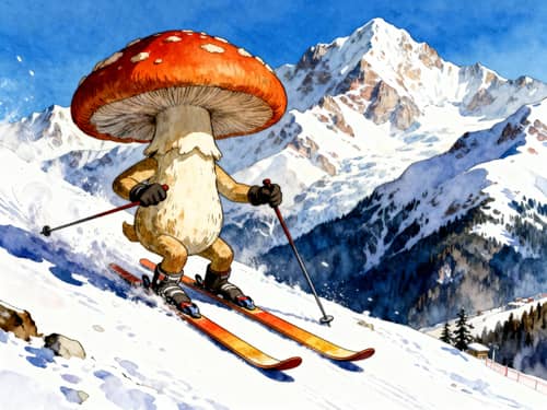 Whimsical Mushroom Skier Illustration