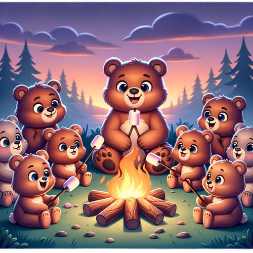 Cartoon Brown Bears Enjoying Campfire at Dusk