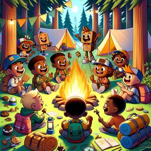 Adventurous Cartoon S'mores Storytelling with Children at Campsite