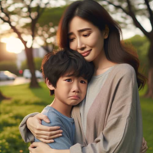 Emotional Asian Boy Embracing Mother Outdoors | Sunset Park Scene