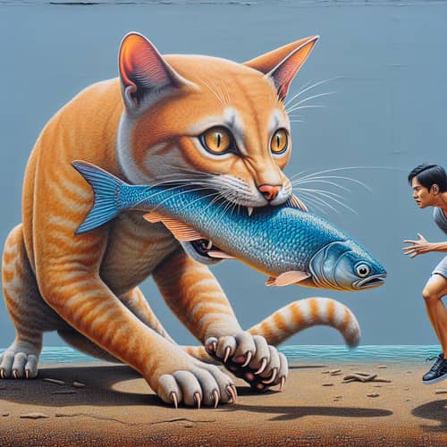Exciting Outdoor Scene: Ginger Cat Biting Fish, Chased by Man