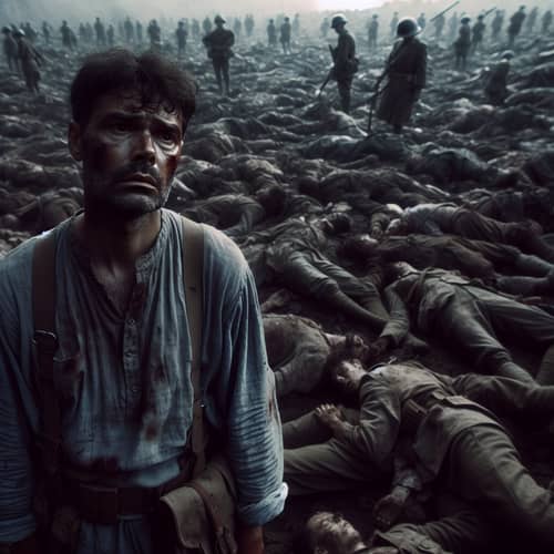 Grim Battlefield: Lifeless Bodies and Weary Hispanic Man