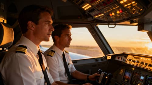 Evening Cockpit Scene with Airline Pilots