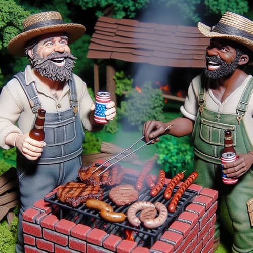 Cartoon Hillbillies Grilling Meat on Brick BBQ Pit | Outdoor Scene