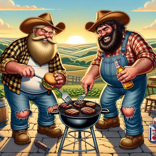 Cartoon Hillbillies Grilling Meat on Brick BBQ Pit