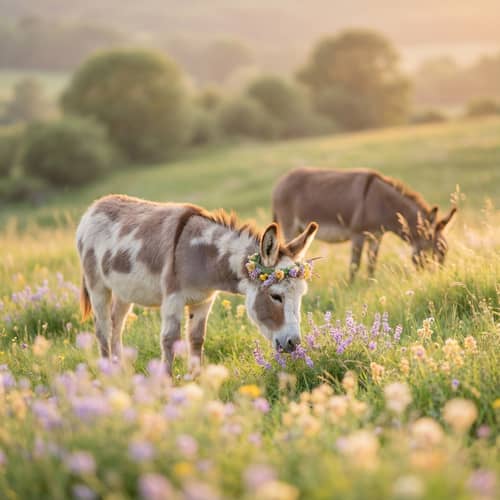 Whimsical Donkey Scene in a Sunlit Meadow