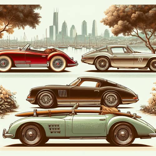 Vintage Red Convertible, Modern Black Sports Car, Classic Mint Green Station Wagon