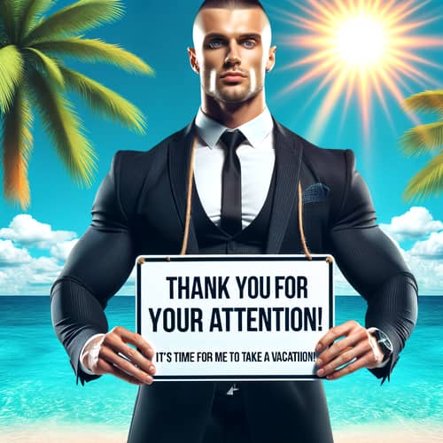 Muscular Man in Black Suit with Vacation Sign by the Sea