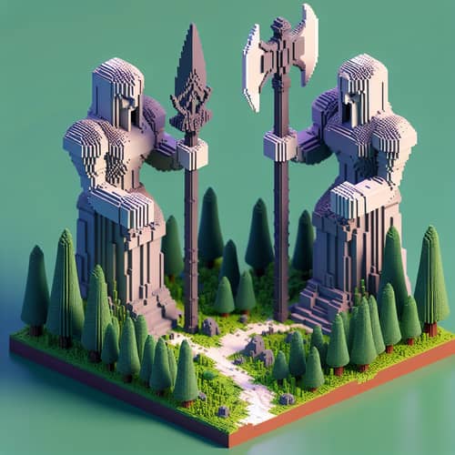 Voxel Art Icon: Massive Statues Blocking Path by Forest